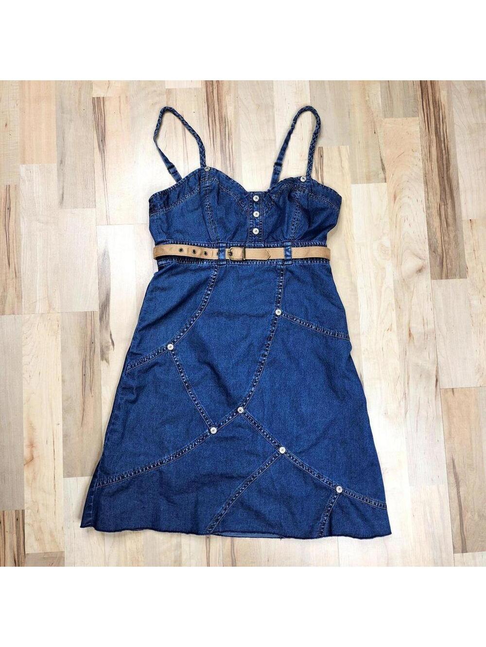 Guess Denim Mini Dress with Braided Straps and Tan Belt Button Front Sundress
